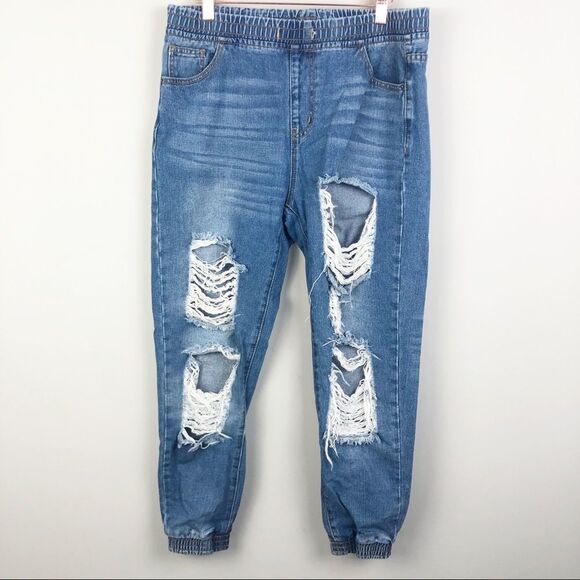 FOREVER 21 | Distressed Pull On Jogger Style Denim Jeans Women’s Size Large - Picture 1 of 9